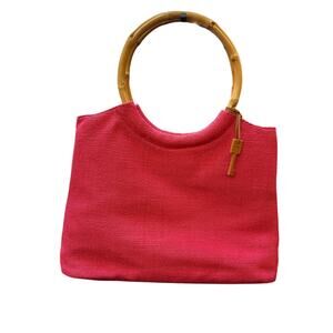 Fossil Bamboo Handle Woven Satchel Shoulder Bag Beach Tote Coral Pink Boho Purse